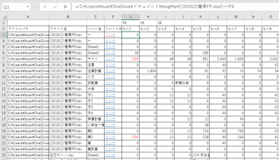 フォルダ内の全ファイル全シートの情報を抜き出す。