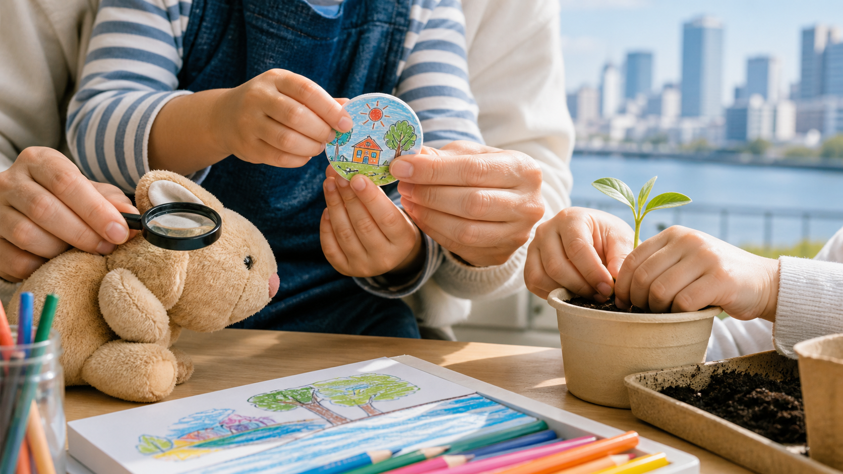 大阪市から行きやすい5歳児向け週末ワークショップで親子が工作と自然体験を楽しむイメージ