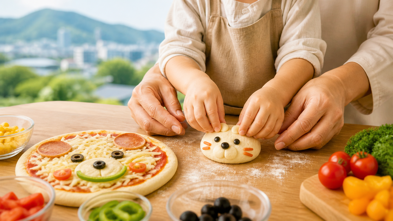 堺市から行きやすい5歳児向け週末ワークショップで親子がピザとパンを作るイメージ