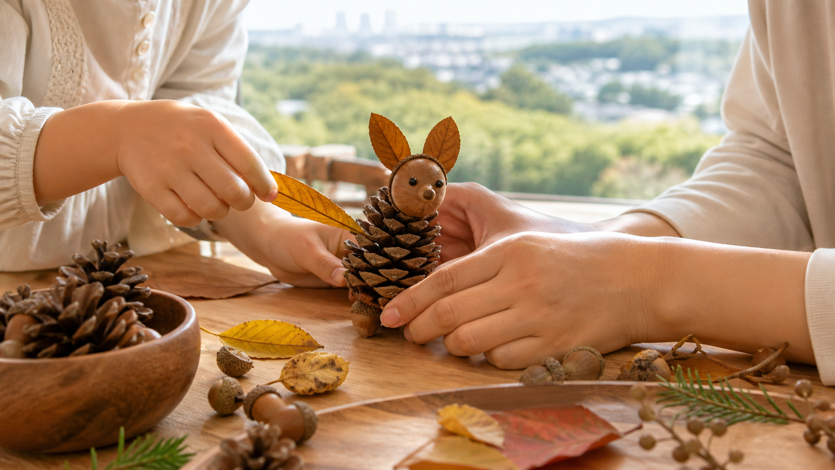 東京都の5歳児向け週末ワークショップで親子が秋の自然と手作りおもちゃに親しむイメージ