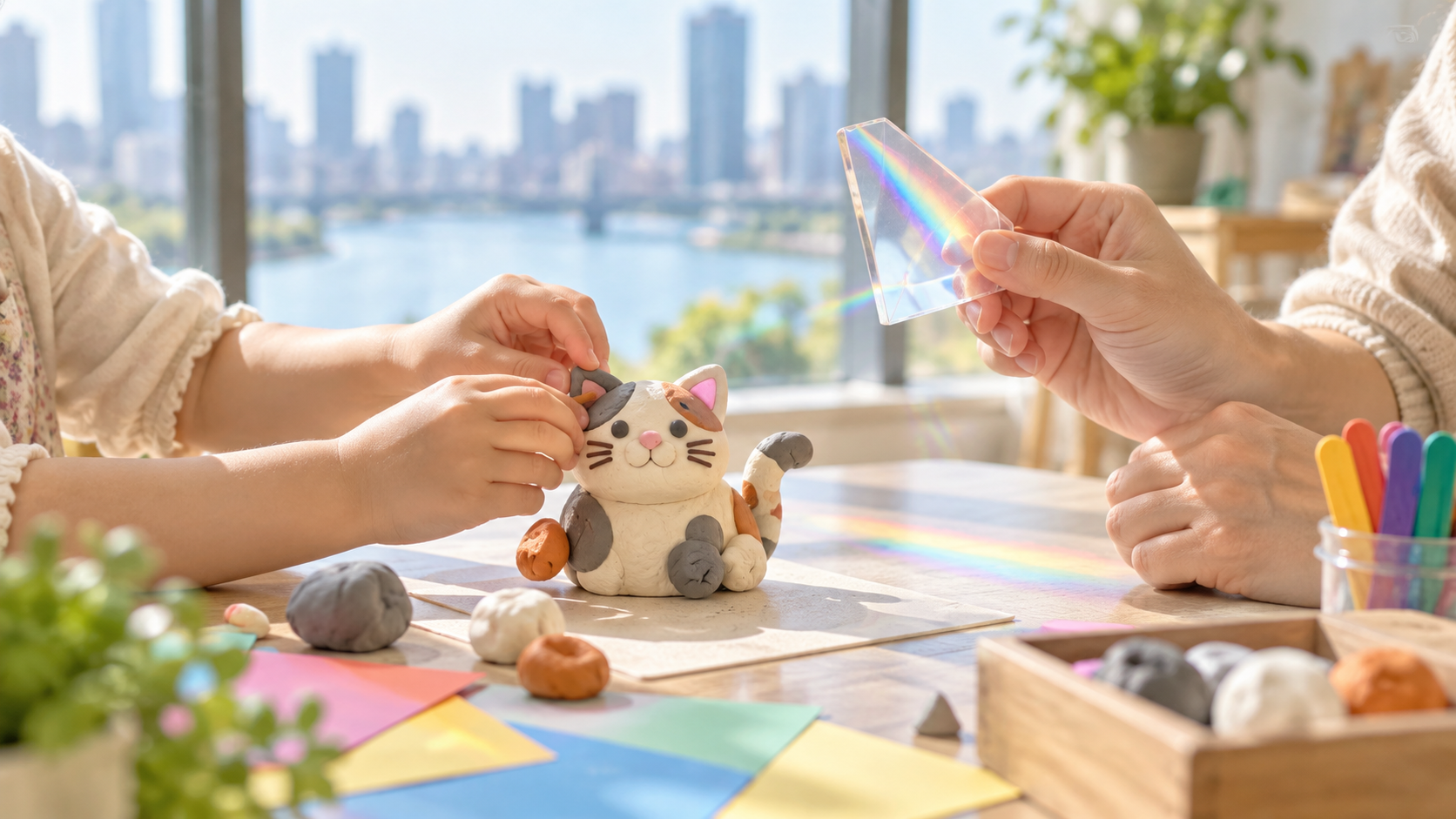 大阪市から行きやすい5歳児向け週末ワークショップで親子が粘土工作と光の実験を楽しむイメージ
