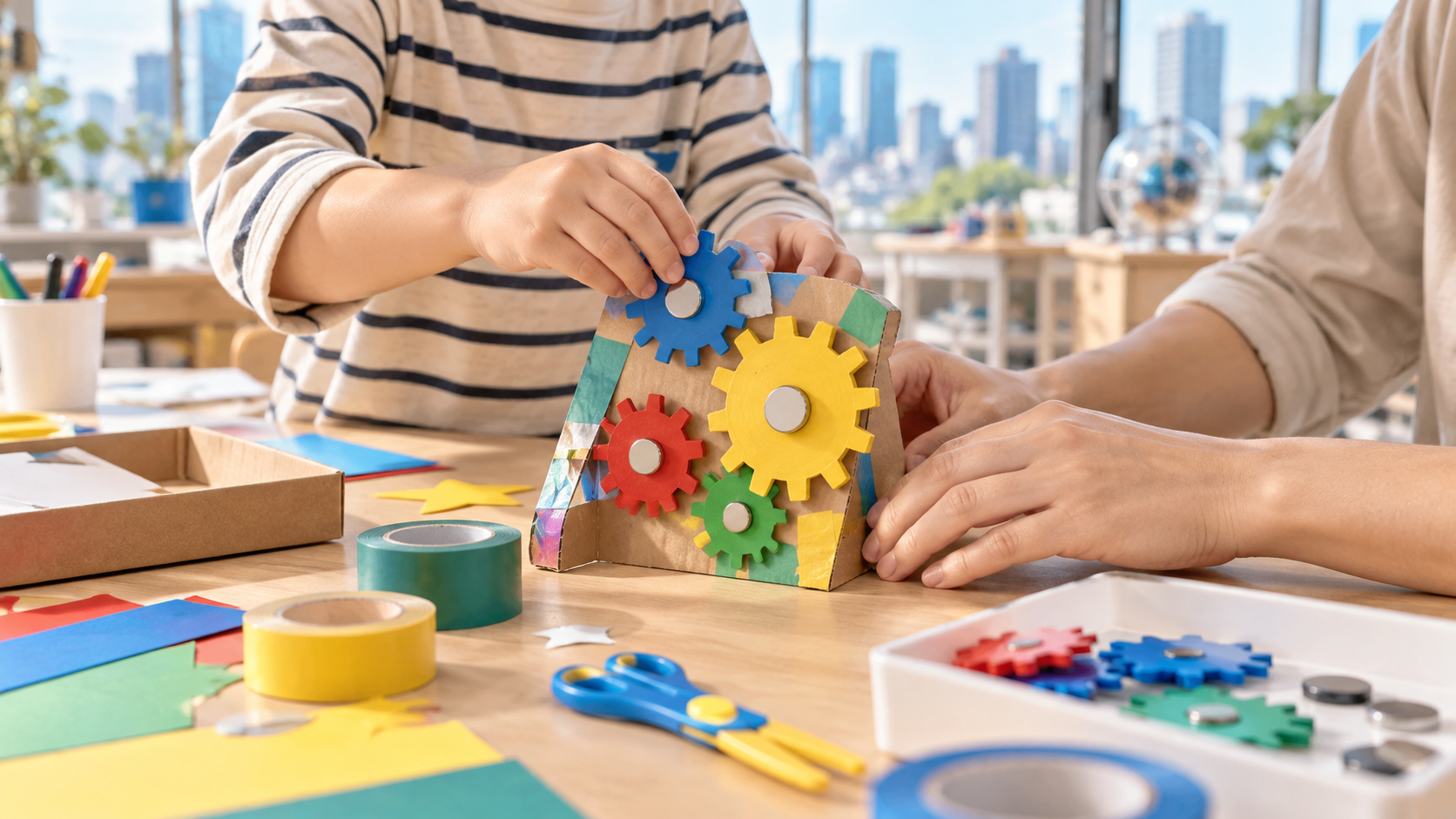 大阪市の5歳児向け週末ワークショップで親子が科学工作を楽しむイメージ